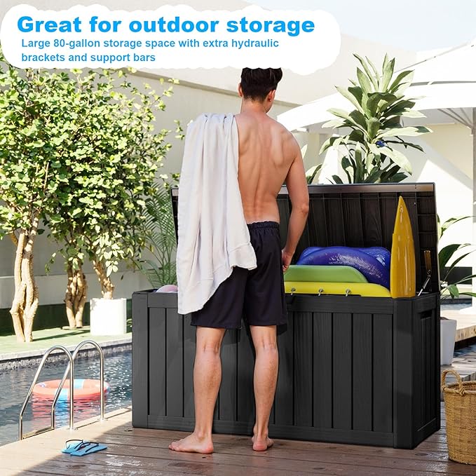 80 Gallon Waterproof Outdoor Storage Box,Resin Deck Box,Lockable Outside Storage Box Container for Patio Furniure,Garden,Tools (80 Gallon,Black)-VerdiqueGarden