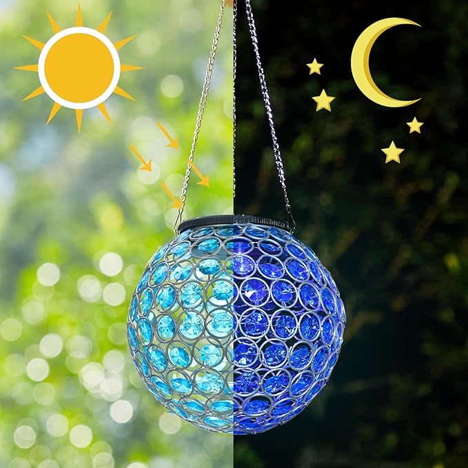 Solar Lantern Hanging Outdoor Christmas Decorative, Dual LEDs Color Changing and Blue Crystal Globe Lamp Hanging Light Waterproof with S Hook Decor in Garden, Pathway, Front Door- Blue-VerdiqueGarden