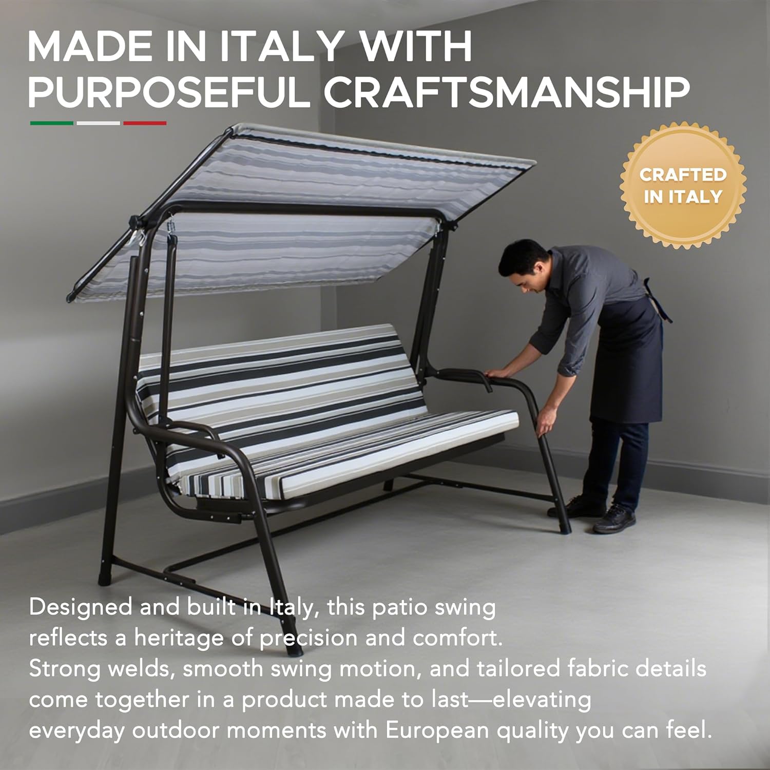 SUNJOY 3-4 Seat Luxury Outdoor Porch Swing, Steel Patio Swing with Elastic Metal Mesh Seat, Convertible Design, Cushion and Adjustable Canopy for Garden, Poolside, Backyard, Bronze - Made in Italy-VerdiqueGarden