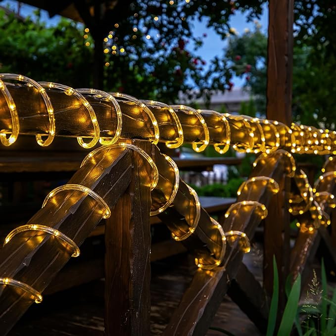 Solar Rope Lights, 66ft 200LED String, 8 Modes Waterproof Powered Outdoor, Flexible Clear Tube for Garden, Backyard, Patio, Deck, Porch, Pool, Tree Decor - Warm White-VerdiqueGarden