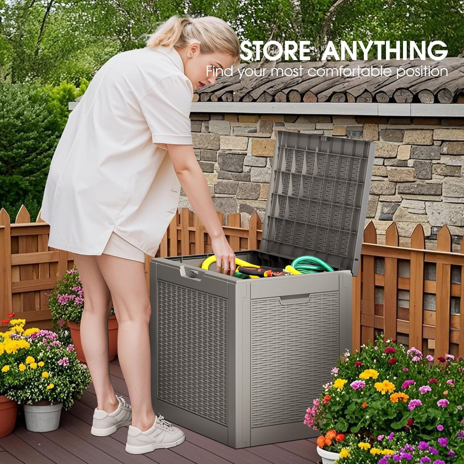 NUNU LAB Outdoor Storage Box, 33 Gallon Resin Deck Box Indoor and Outdoor Use, Waterproof Lockable Patio Storage Bin for Gardening Tools,Package Deliveries,Patio Cushions,UV Resistant,Grey-VerdiqueGarden