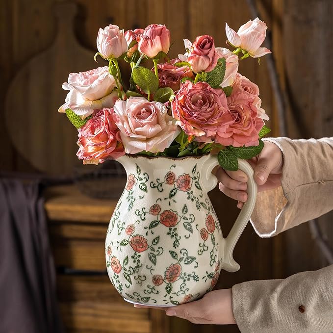 Green and White Vintage Vase with Handle, Red Rose Chinoiserie Floral Pitcher Vase, Rustic Ceramic Farmhouse Vases for Home Decor, Living Room, Bookshelf, Office, Grand Millennial Decor 7.9 Inch-VerdiqueGarden