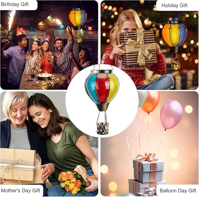 Hot Air Balloon Solar Lantern with Flickering Flame, Hanging Solar Lantern Metal Outdoor Waterproof Lights for Garden Yard Porch Patio Decorations Christmas Gifts (Multi-Colored Glass)-VerdiqueGarden