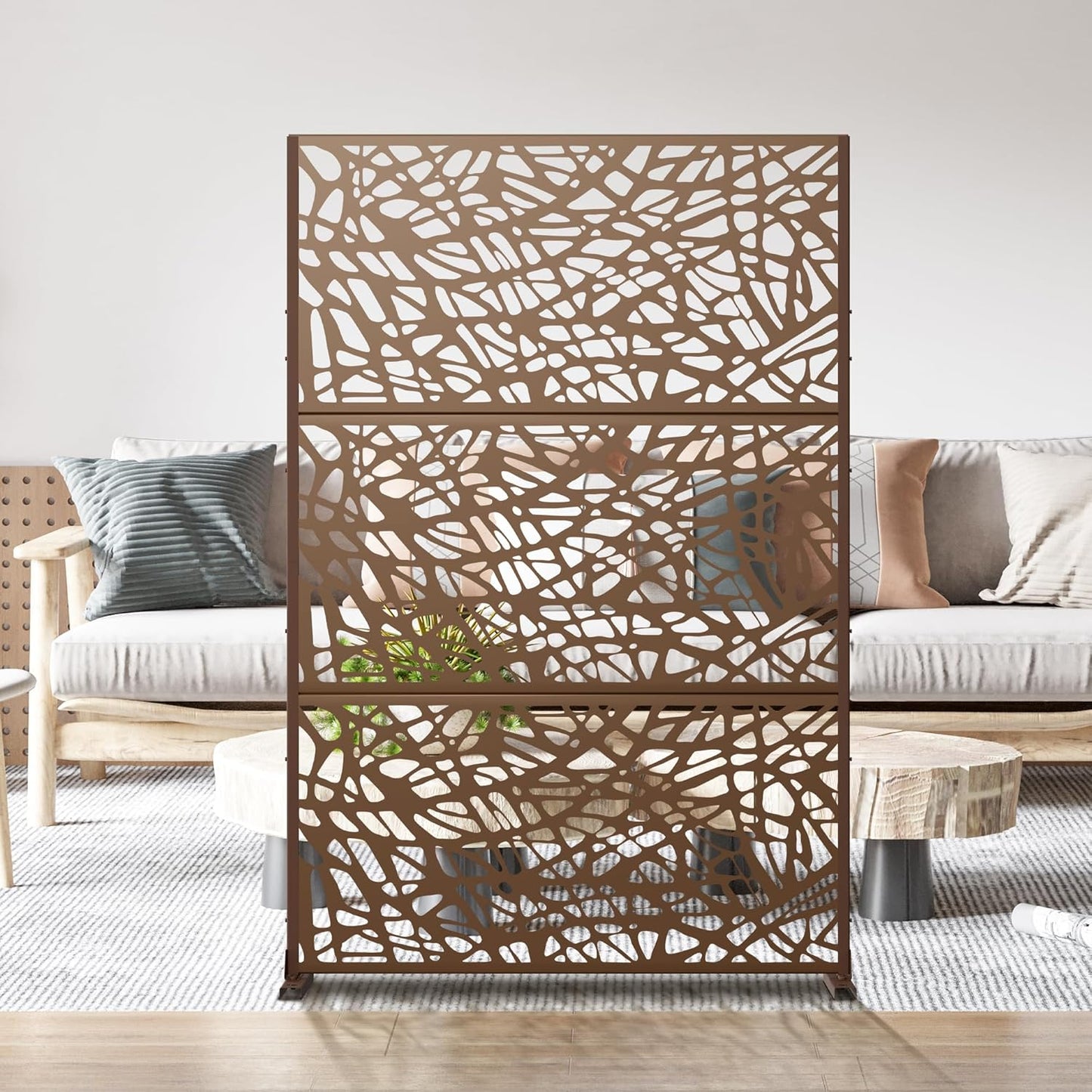 Metal Privacy Screen Outdoor 72" H×47" W,Freestanding Decorative Privacy Screen for Balcony Yard&Garden,Privacy Fence-Brown&Net-VerdiqueGarden