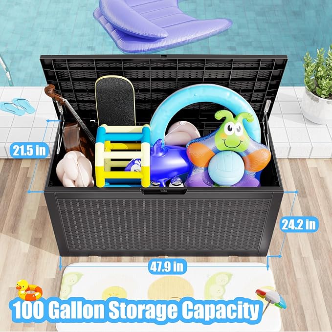 100 Gallon Waterproof Outdoor Storage Box,Resin Deck Box,Lockable Outside Storage Box Container for Patio Furniure,Garden,Tools (100 Gallon,Black)-VerdiqueGarden