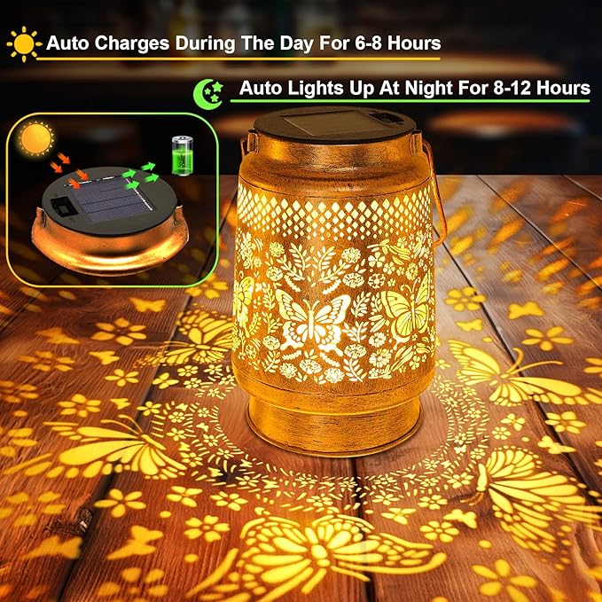 Solar Lanterns Outdoor Garden Decor Butterfly Hanging Lantern Lights, Birthday Gifts for Women Mom Grandma Waterproof Metal Solar Lights LED Decoration with Shepherd Hook for Garden Yard Patio Porch-VerdiqueGarden