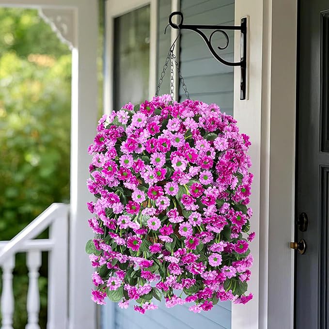 Hanging Baskets Artificial Flowers for Outdoor Interior Decor, Artificial Daisies Flowers Shrubs Plants with Baskets for Home Porch Garden Patio Spring Summer Decoration(Double Lotus)-VerdiqueGarden
