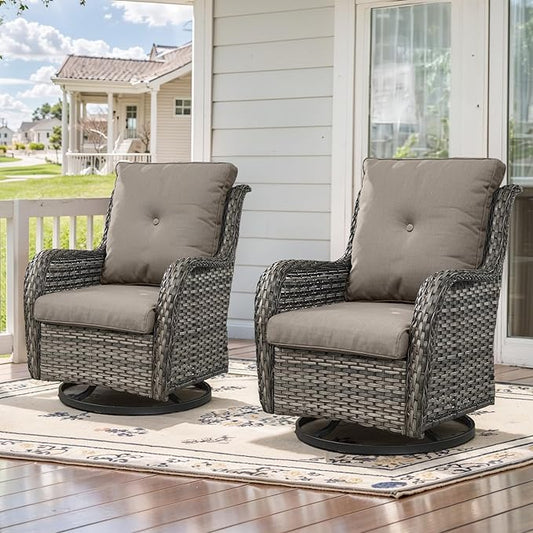 Outdoor Swivel Rcoker Patio Chairs - Outdoor Swivel Patio Chairs Set of 2 Wicker Chair Patio Furniture Sets with Covered Cushion for Porch Deck Balcony Garden, Gray-VerdiqueGarden