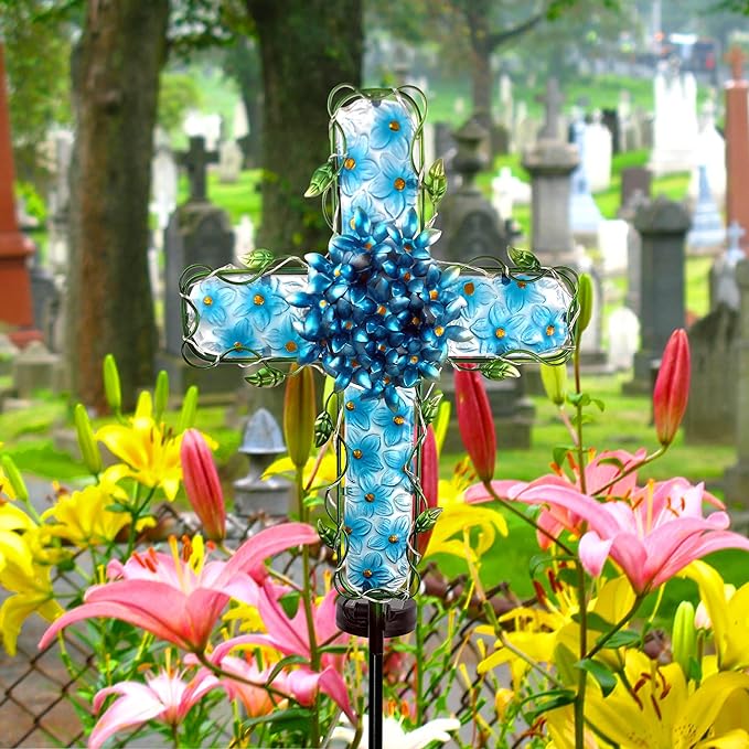 Solar Cross Garden Lights Outdoor Decorative - Solar Metal&Glass Cross Blue Hydrangea Flower Stake Lights- Waterproof 20 Warm White LED for Remembrance Gifts-VerdiqueGarden