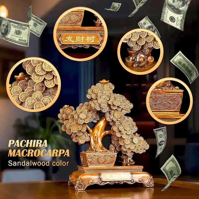 FENGSHUI-CAISHEN Top Resin Money Tree, Artificial Bonsai Tree, Handcrafted, Premium Quality, Feng Shui Gift for Abundance Luck and Success (Brown)-VerdiqueGarden