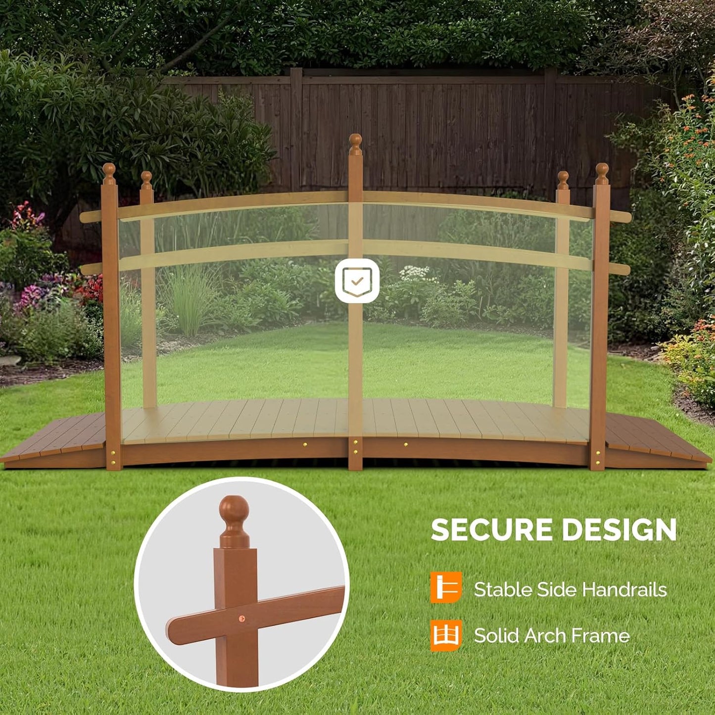 VINGLI Garden Bridge, Classic Wooden Arch with Safety Rails Footbridge (Brown, 7.5 ft)-VerdiqueGarden