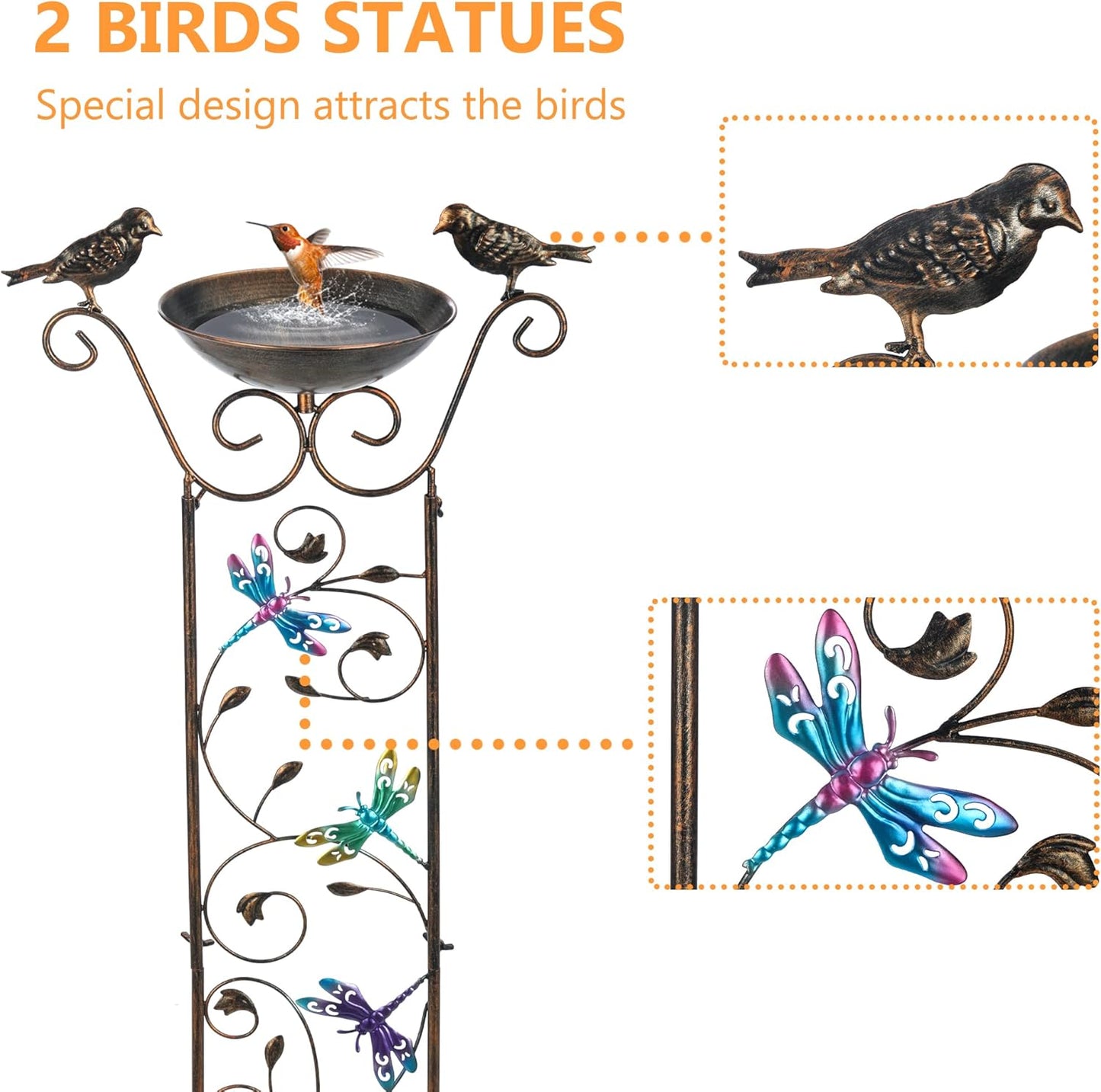 LEWIS&WAYNE Garden Trellis Bird Bath Outdoor, 40 Inch Antique Iron Garden Plant Trellis Decorative with Dragonfly and Detachable Drinking Basin Bowl, Free Standing BirdBath Birdfeeder Station-VerdiqueGarden