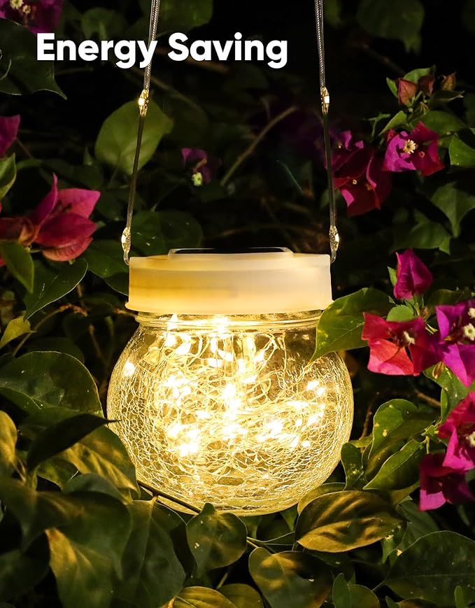 Solar Lantern Solar Lights Outdoor Waterproof 2-Pack, Solar Powered Hanging Lights Cracked Glass Hanging Globes for Christmas Decoration, Shepherd Hook, Garden Tree Ornaments, White Cap, Warm White-VerdiqueGarden