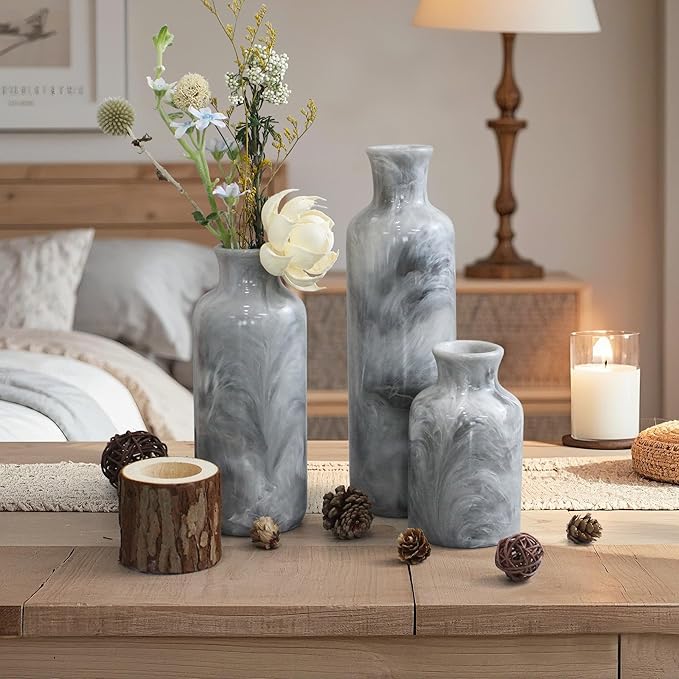 Resin 3 Piece Vase Set, Farmhouse Decor, Home Decorative Vase, Vases for Your Kitchen, Bedroom, Office, Living Room, Bathroom, & Shelf Centerpiece Table Decorations, Grey-VerdiqueGarden