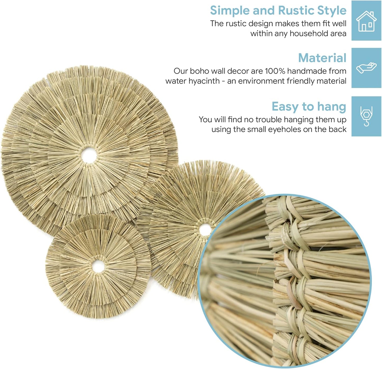 VATIMA Boho Wall Décor – Simple Oversized Wall Basket Décor for Home and Office – Seagrass Wicker Basket Wall Décor Set – 3pcs Flat Baskets – Easy to Hang – Handmade Design – Small/Medium/Large-VerdiqueGarden