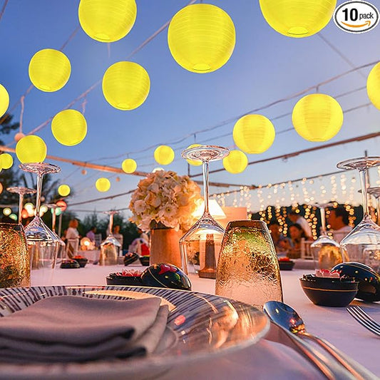 10 Pack Outdoor Silk Lanterns Decorative, 10inch Waterprooof Outside Indoor Chinese Hanging Round Lanterns for Weddings, Birthdays, Parties Decoration(Yellow)-VerdiqueGarden