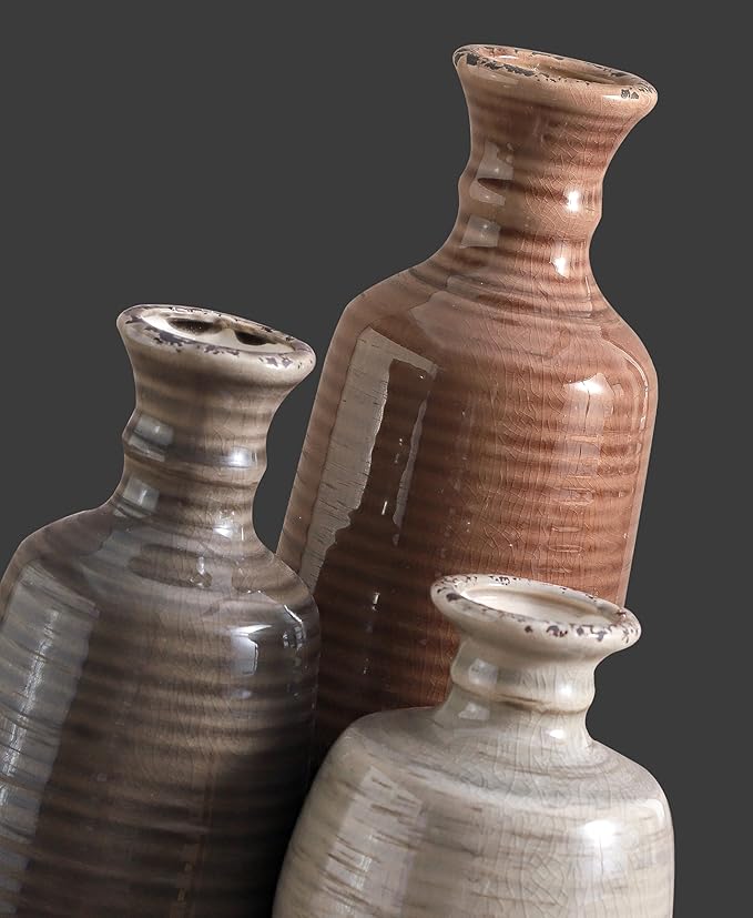 Ceramic Vases Set of 3, Neutral Rustic Farmhouse Vases Home Decor Decorative Flower Vase Modern Boho Pampass Vase for Table Mantel Entryway Shelf Living Room Kitchen Bathroom - Brown-VerdiqueGarden