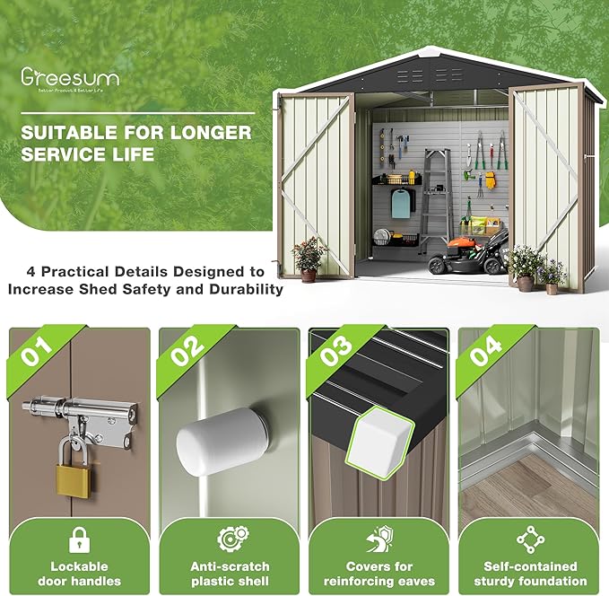 Greesum Outdoor Storage Shed 6 x 8 ft. Utility Tool Shed Metal Storage Garden Shed with Door & Lock for Patio Storage, Brown-VerdiqueGarden