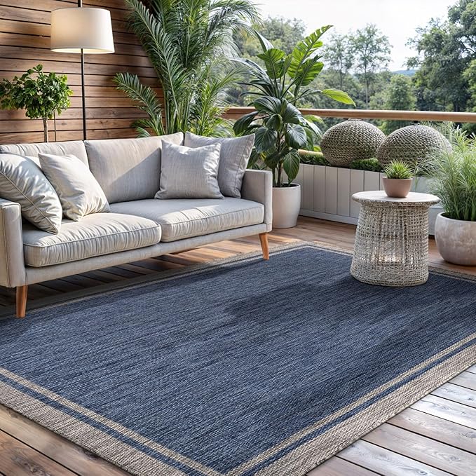 CAMILSON Outdoor Rug, 5x7 Bordered Navy Blue Gray Modern Area Rugs for Indoor and Outdoor Patios, Porches Waterproof Washable Porch Deck Outside Carpet (Bordered Navy, 5 x 7)-VerdiqueGarden