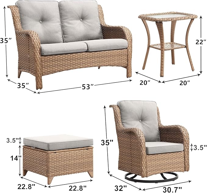 Outdoor Wicker Patio Furniture Set - 6 Piece Rattan Patio Conversation Set with 2 Rocking Swivel Chairs,2 Ottomans,1 Loveseat and 1 Side Table for Porch Deck Backyard Garden(Yellow/Beige)-VerdiqueGarden