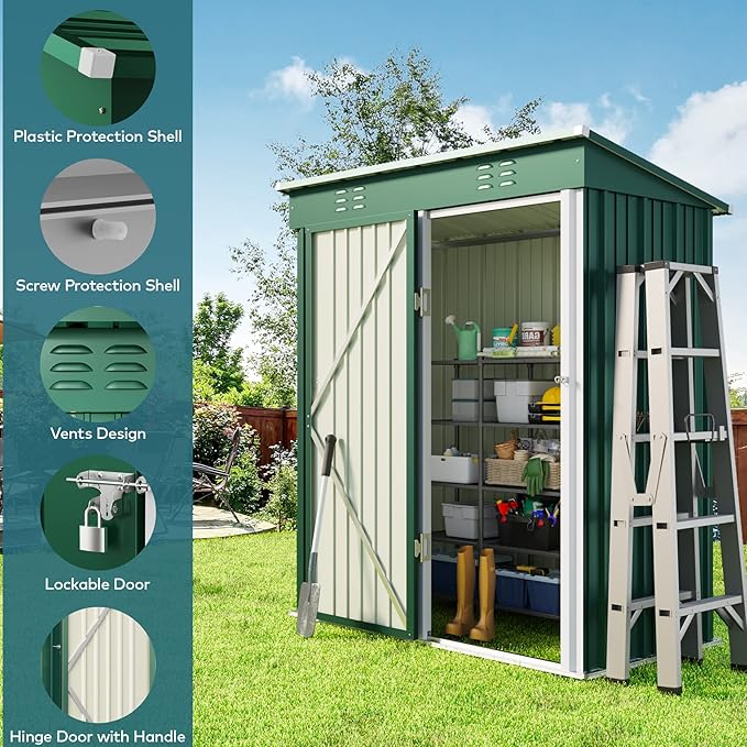 Gizoon 5' x 3'Outdoor Storage Shed with Singe Lockable Door,Galvanized Metal Shed with Air Vent Suitable for The Garden,Tiny House Storage Sheds Outdoor for Backyard Patio Lawn-Green-VerdiqueGarden