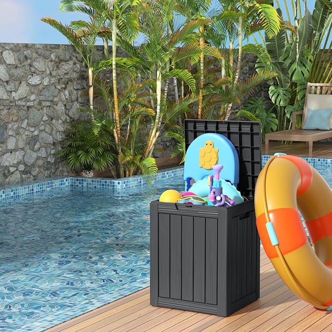 28 Gallon Resin Deck Box, Lockable Patio Outdoor Storage Box for Furniture, Garden Tools and Tools Storage, Waterproof Outside Storage Boxes - Black-VerdiqueGarden