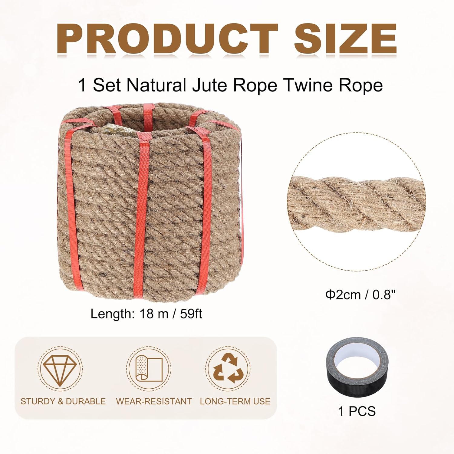 MECCANIXITY Jute Rope 0.8 Inch x 59ft, Thick Twine Rope Ropes Braided Jute Twine Natural Brown Burlap Cord String Heavy Twisted with Tape for Decorative Crafts Railing Swing Tug of War-VerdiqueGarden