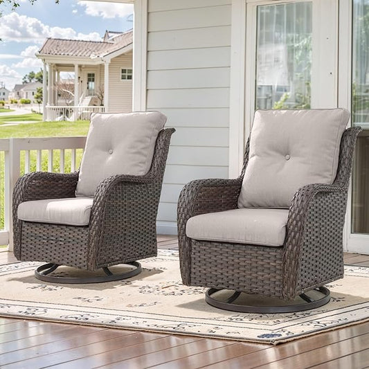 Outdoor Swivel Rcoker Patio Chairs - Outdoor Swivel Patio Chairs Set of 2 Wicker Chair Patio Furniture Sets with Covered Cushion for Porch Deck Balcony Garden, Beige-VerdiqueGarden