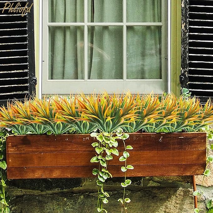 32 Pcs Artificial Grass Fake Plants 17.3in Outdoor Plastic Plants UV Resistant Greenery Fake Grass for Home Window Garden Office Patio Hanging Planter Pathway Front Porch Décor Orange Yellow-VerdiqueGarden