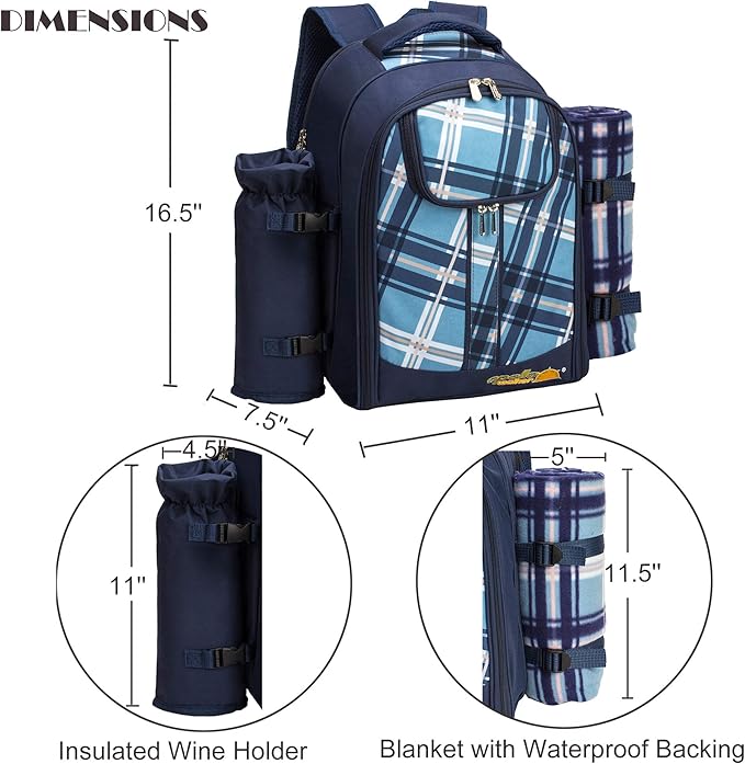 Apollo walker Picnic Backpack Set for 4 with Cooler Compartment,Detachable Bottle/Wine Holder Including Large Picnic Blanket(45"x 53") for Picnic Family and Lovers Gifts,Outdoor,BBQ Time (Blue)-VerdiqueGarden