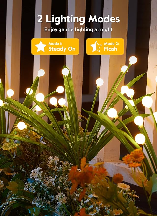 4 Pack 48 LED Solar Firefly Lights with Leaves, Solar Garden Lights Outdoor Decoration with 2 Lighting Modes, Waterproof Solar Outdoor Lights Decorative, Solar Lights for Outside Pathway, Warm White-VerdiqueGarden