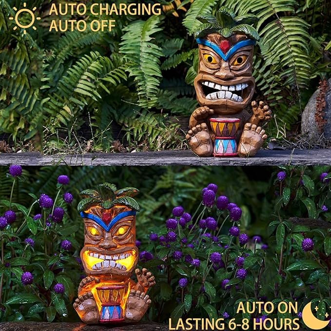Outdoor Tiki Statue Decoration-Solar Power Light Tiki Garden Statues-Tiki Bar Decor Totem Pole Waterproof Figurines for Garden,Patio,Balcony,Yard,Lawn Ornament,10.43 Inch Tall-VerdiqueGarden