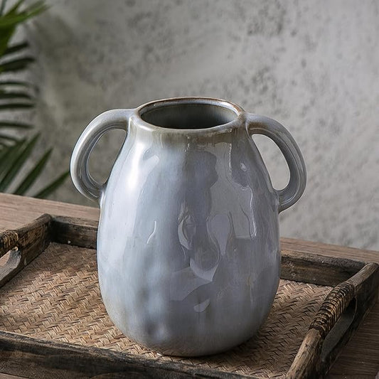 Kimdio Ceramic Vase with 2 Handles, Modern Farmhouse Grey Vase for Home Decor, Rustic Pottery Vase, Boho Decorative Terracotta for Flowers, Clay Pampas Grass Vases for Living Room Dining Table Shelves-VerdiqueGarden