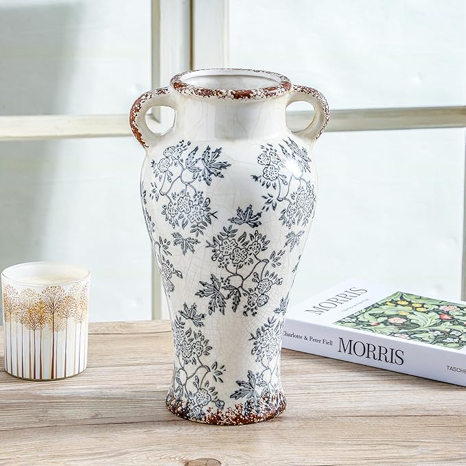 Enra Vintage vase with Handle,12.6 inch Blue and White Ceramic Decorative Flower vase, Chinoiserie Floral Vase,Large Rustic Vases for Home Decors, Living Room, Bookshelf, Office-VerdiqueGarden
