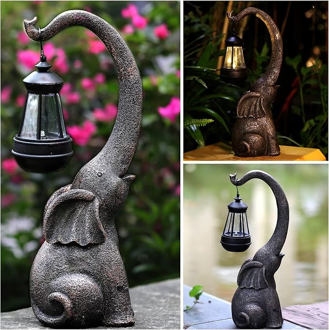 15" Outdoor Sculpture Figurine Statue Elephant Decorations Solar Garden Statues for Patio Home Yard Decor Good Luck Garden Elephant Birthday Gifts for Woman, Mom Family-VerdiqueGarden