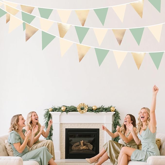 Sage Green Beige Champagne Gold Party Decorations Metallic Fabric Triangle Pennant Banner Bunting Flag Garland for Baby Shower Birthday Wedding Engagement Bridal Shower Graduation Decoration Supplies-VerdiqueGarden