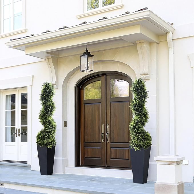 39 inchBoxwood Artificial Cedar Spiral Topiary Trees – Decorative Fake Greenery in Planter Pots for Front Porch, Outdoor Walkway, Entryway Decorating, Set of 2-VerdiqueGarden