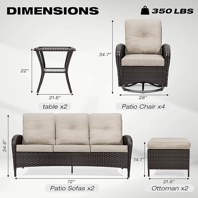 Joyside 10 Piece Patio Furniture Set, Outdoor Wicker Conversation Sets with Swivel Rocker Chairs and Sofa, Thick Cushion, Rattan Patio Sectional for Porch, Deck Use (Brown/Beige, 10 PCS)-VerdiqueGarden