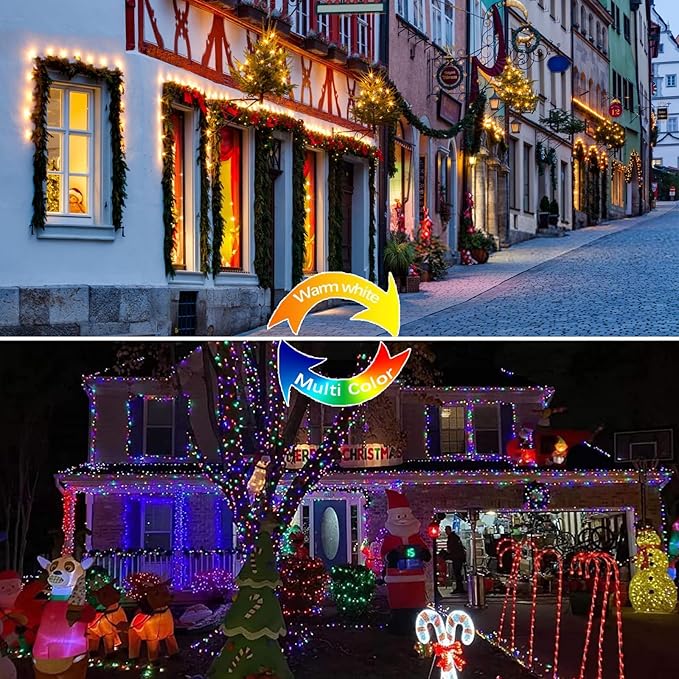 (Warm White ⇋ Multicolor) Solar Christmas String Lights Outdoor, 2-Pack 80FT 200 LED Waterproof Copper Wire, Solar Twinkle Lights with 8 Modes Solar Fairy Light for Tree Garden Wedding Christmas Decor-VerdiqueGarden