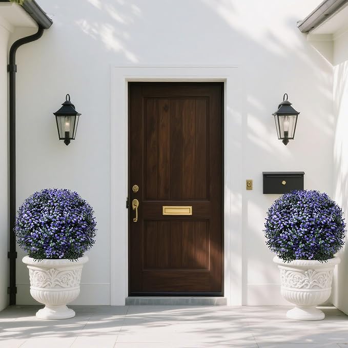 Set of 2 Artificial Boxwood Topiary Ball Trees Outdoor Faux Shrubs Artificial Boxwood Plants with Ground Spike, 24" Lavender Fake Evergreen Tree UV Resistant for Planter,Potted,Fall-VerdiqueGarden
