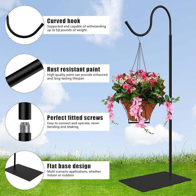 Hummingbird Feeder Stand, Adjustable 20-63 Inch Shepherds Hook for Outdoor Indoor, Bird Feeder Pole with Base & Water Weight Bag for Wind Chimes, Hanging Plants(Hummingbird Feeders Not Include)-VerdiqueGarden