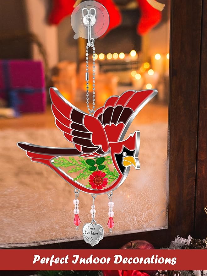 KY&BOSAM Cardinal Suncatcher I Love You Mom Glass Hangings for Windows Wind Chime Ornament with Hand Painted Real Flower and Metal Heart Charm Birthday Gifts for Women Mom Mother's Day-VerdiqueGarden