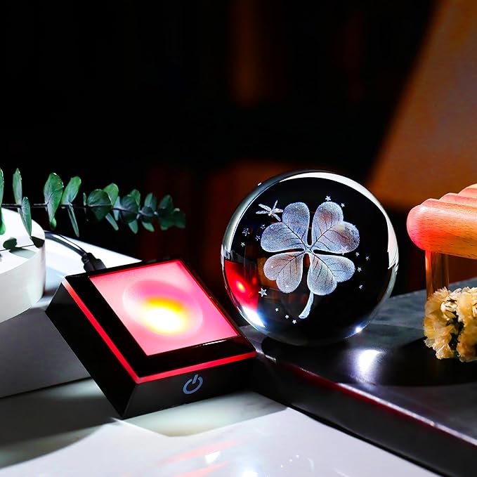 Qianwei 3D Four Leaf Clover 80mm Crystal Ball Good Luck Gifts Ideas with Multicolor Lighting Base - Irish Gifts for Women Decor 4 Leaf Clover-VerdiqueGarden