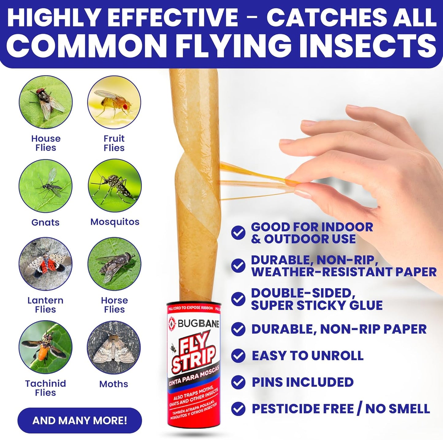 Fly Strips Indoor Sticky Hanging 24pk with Pins. Non Toxic Outdoor Fly Trap Indoor for Home. Flies Tape Paper Trap Ribbon Roll for House Gnat Fruit and Housefly. Bug Catchers for Inside Home Flypaper-VerdiqueGarden
