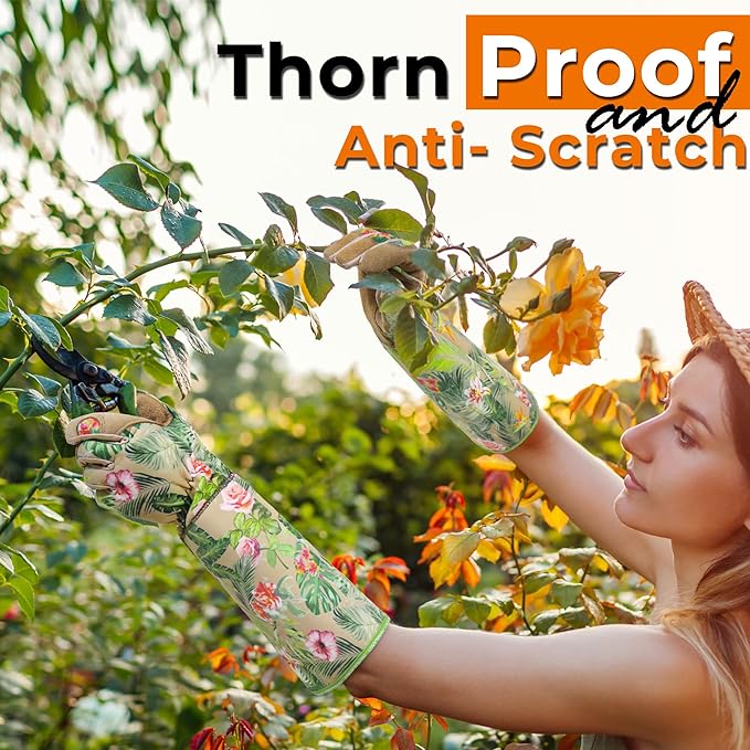 HANDLANDY Leather Gardening Gloves for Women, Thorn Proof Breathable Ladies Rose Pruning Garden Gauntlet Yard Gloves, Gift for Gardeners (Khaki, L)-VerdiqueGarden