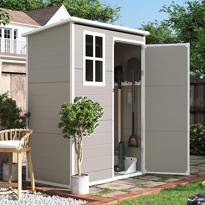 UDPATIO Outdoor Storage Shed 5x3 FT, Garden Plastic Sheds & Outdoor Resin Shed with Lockable Door for Backyard, Patio, Lawn, Light Grey-VerdiqueGarden