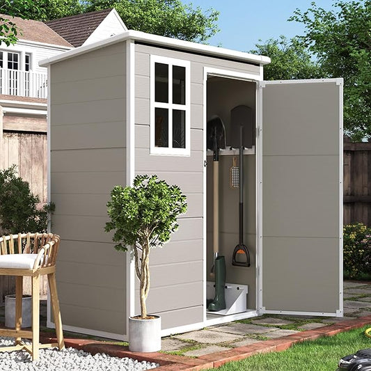 UDPATIO Outdoor Storage Shed 5x3 FT, Garden Plastic Sheds & Outdoor Resin Shed with Lockable Door for Backyard, Patio, Lawn, Light Grey-VerdiqueGarden