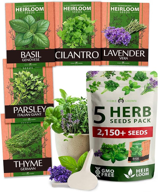 HOME GROWN 5 Herb Seeds for Planting 2,150+ Non-GMO Heirloom Seeds | Extra Large Variety Pack Herb Kit – Indoor Outdoor & Hydroponic | Culinary Seed Set | Grow Your Own Herbs | Gift for Beginners-VerdiqueGarden