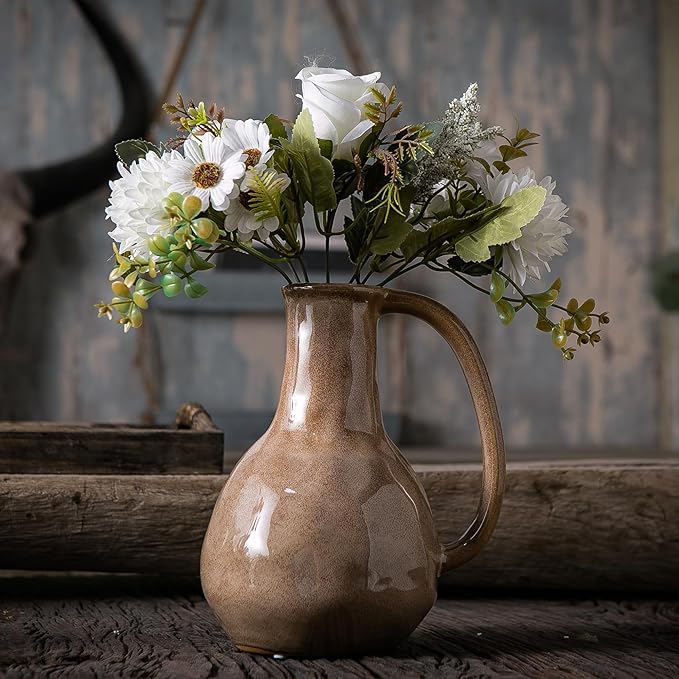 Brown Ceramic Vase with Big Handles, Modern Farmhouse Decor, Rustic Pottery for Flowers, Decorative Terracotta Centerpiece for Dining Table-VerdiqueGarden