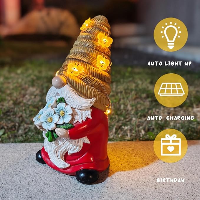 Outdoor Garden Gnomes Statue, Bee Flower Gnome Sculpture, with Solar LED Lights for Yard, Patio, Lawn Ornaments for Garden, Patio Gnome Gifts for Mom-VerdiqueGarden